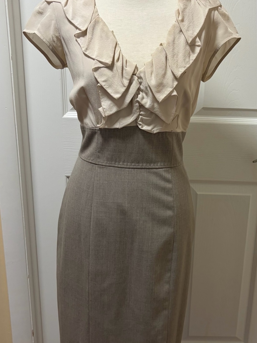 Rebecca Taylor Cream and Taupe Ruffle-Trim Pencil Skirt Dress